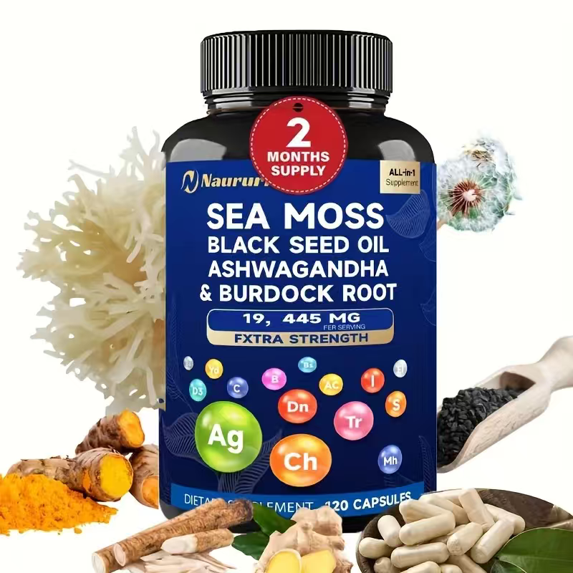 Sea Moss Black Seed Oil Ashwagandha & Burdock Root 19445mg Extra Strength Capsules - All-in-One Superfood Supplement For Immune Support, Energy & Vitality - 120 Capsules — view 6