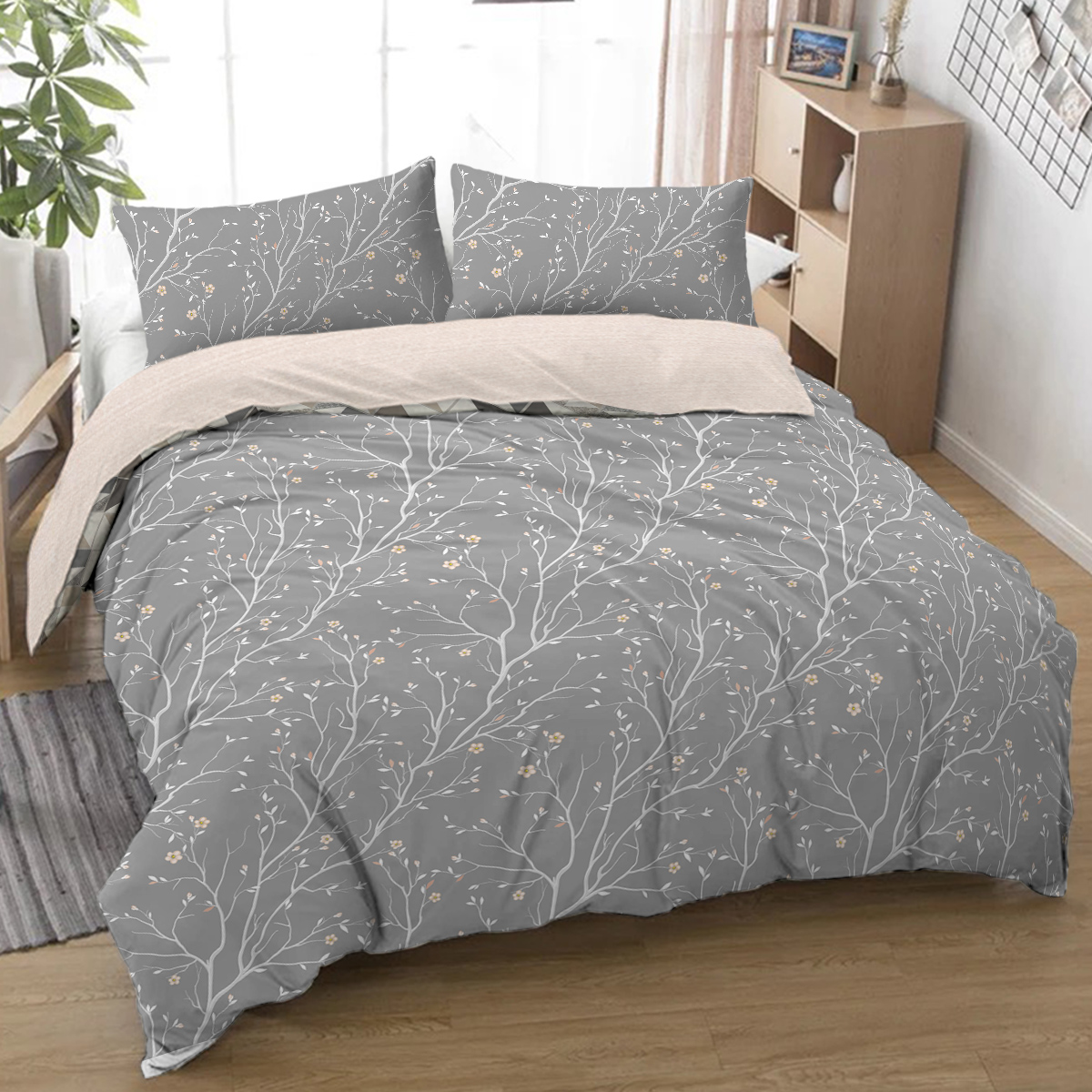 Grey Bed Set, 3 Pieces Branches Bedding, 1 Soft Reversible Botanical Flowers Comforter And 2 Pillow Shams