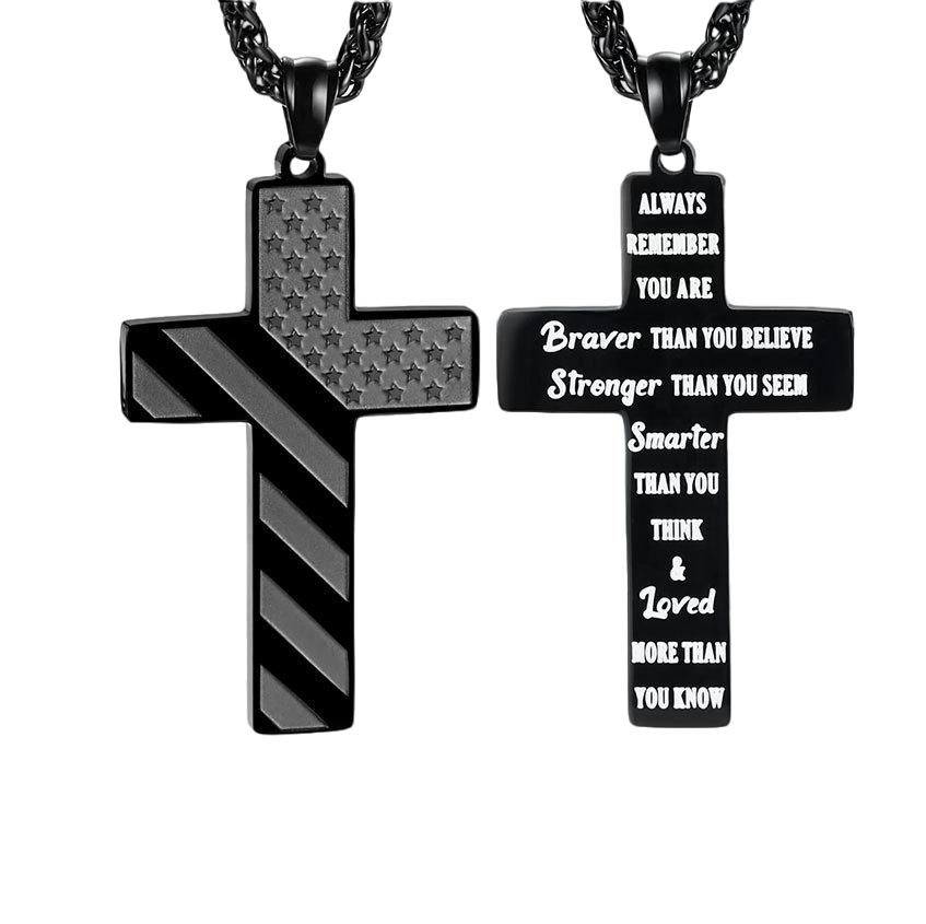 Cross Necklace With Bible Verse American Flag Pendant --Stainless Steel Men Jewelry Gift - Faith-Inspired, Bold & Patriotic Chain For Him