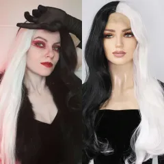 Ladies Two-tone Long Curly Hair Lace Wig - White Black - View 1