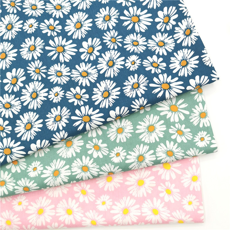 Daisy Green Flowers Cotton Twill Fabric