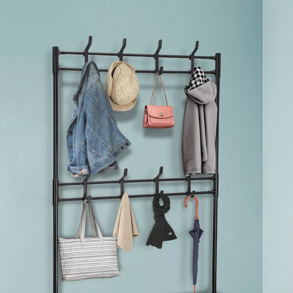 New Coat And Hat Stand 8 Hooks Metal Shoe Rack 5 Tiers Shelf Hanger Black — image 8