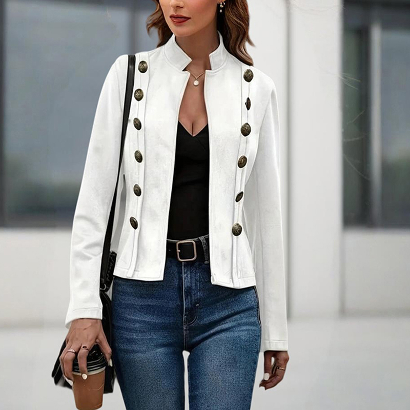 Women's Stand Collar Double Breasted Jacket Solid Color Long Sleeve Streetwear Coat Lightweight Spring&Fall Fashion White - Shop at LoveMi