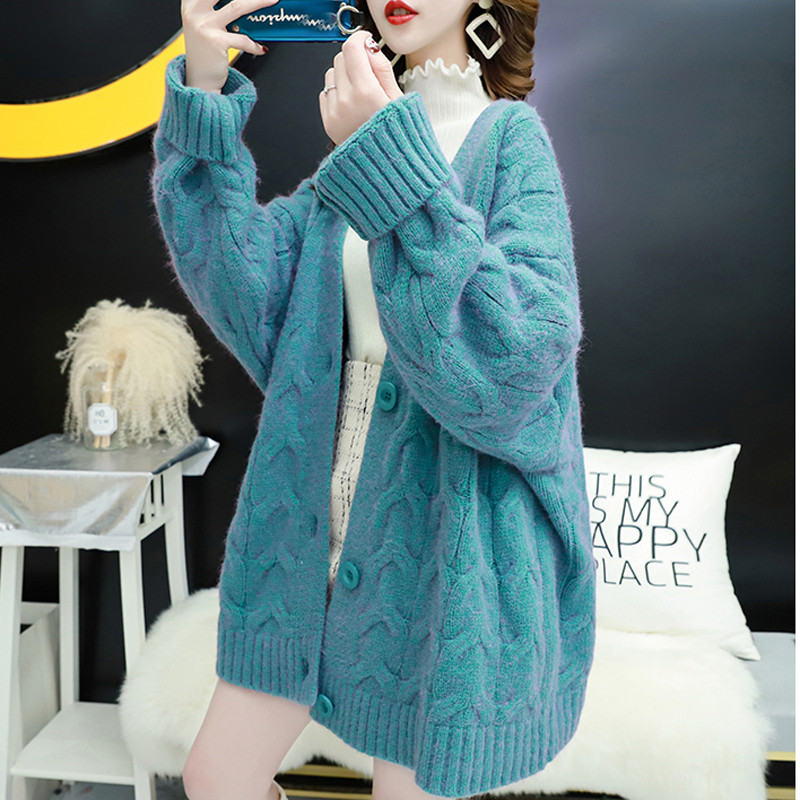 New Twist Sweater Cardigan Women's Loose Mid-length Autumn Women's Lazy Knit Jacket