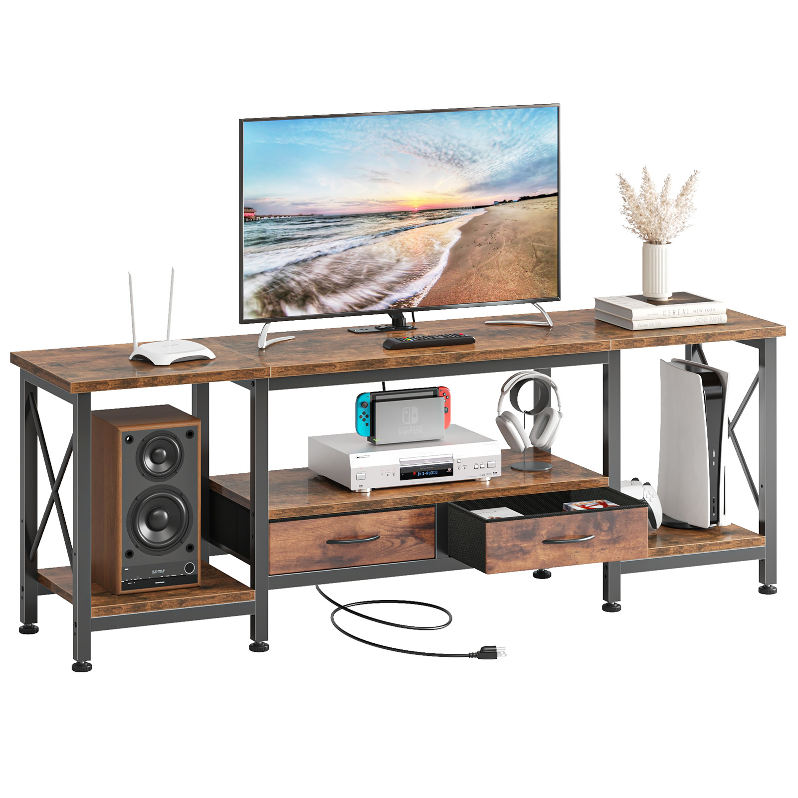 The TV Cabinet Comes With A Power Socket And Is Suitable For TVs With A Screen Size Of 75 Inches Or Less. It Features Fabric Drawers And Open Shelves. - Image 1