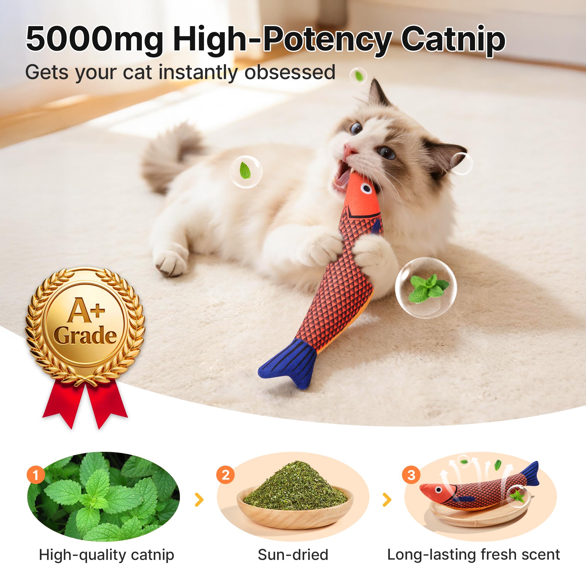 Juguetes para gatos «Saury Fish», paquete de 3, con hierba gatera y sonido crujiente, suaves y resistentes, juguete interactivo para que los gatitos den pataditas y hagan ejercicio en casa. Para todas las razas.