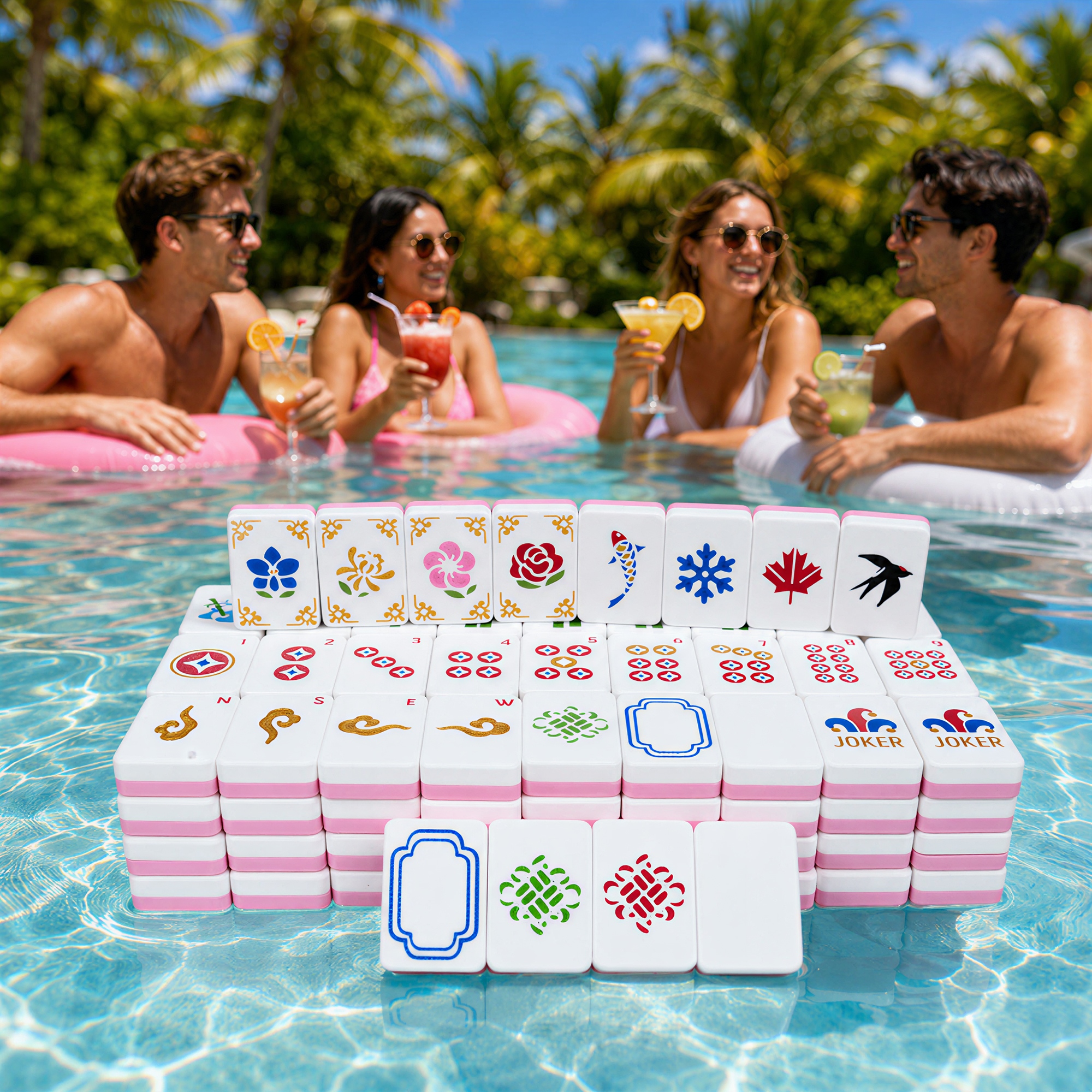 160PCS Floating American Mahjong Set With Storage Case, Dice And Rule Cards, Ocean Theme Pool Mahjong Tiles For Summer Party, Travel And Game Night