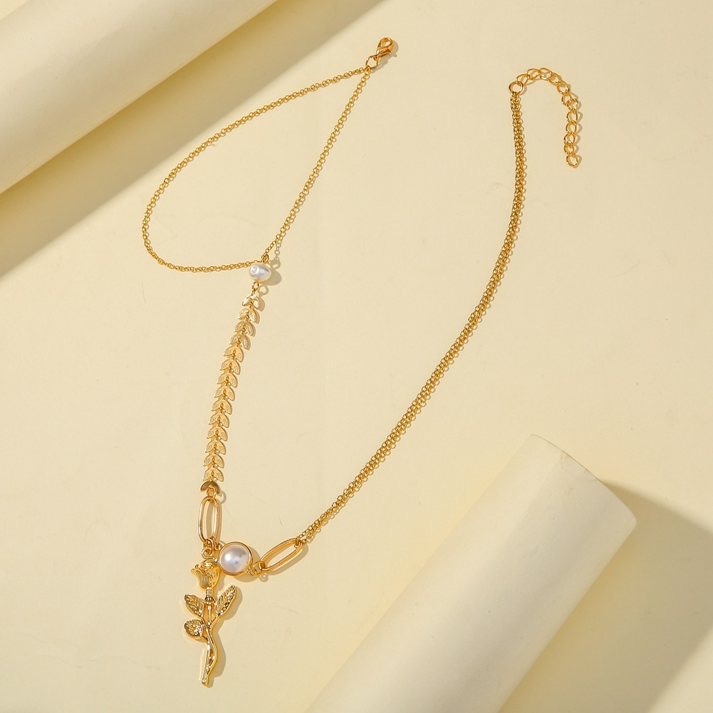 Title 2, Rose flower pendant wheat ear chain pearl short...