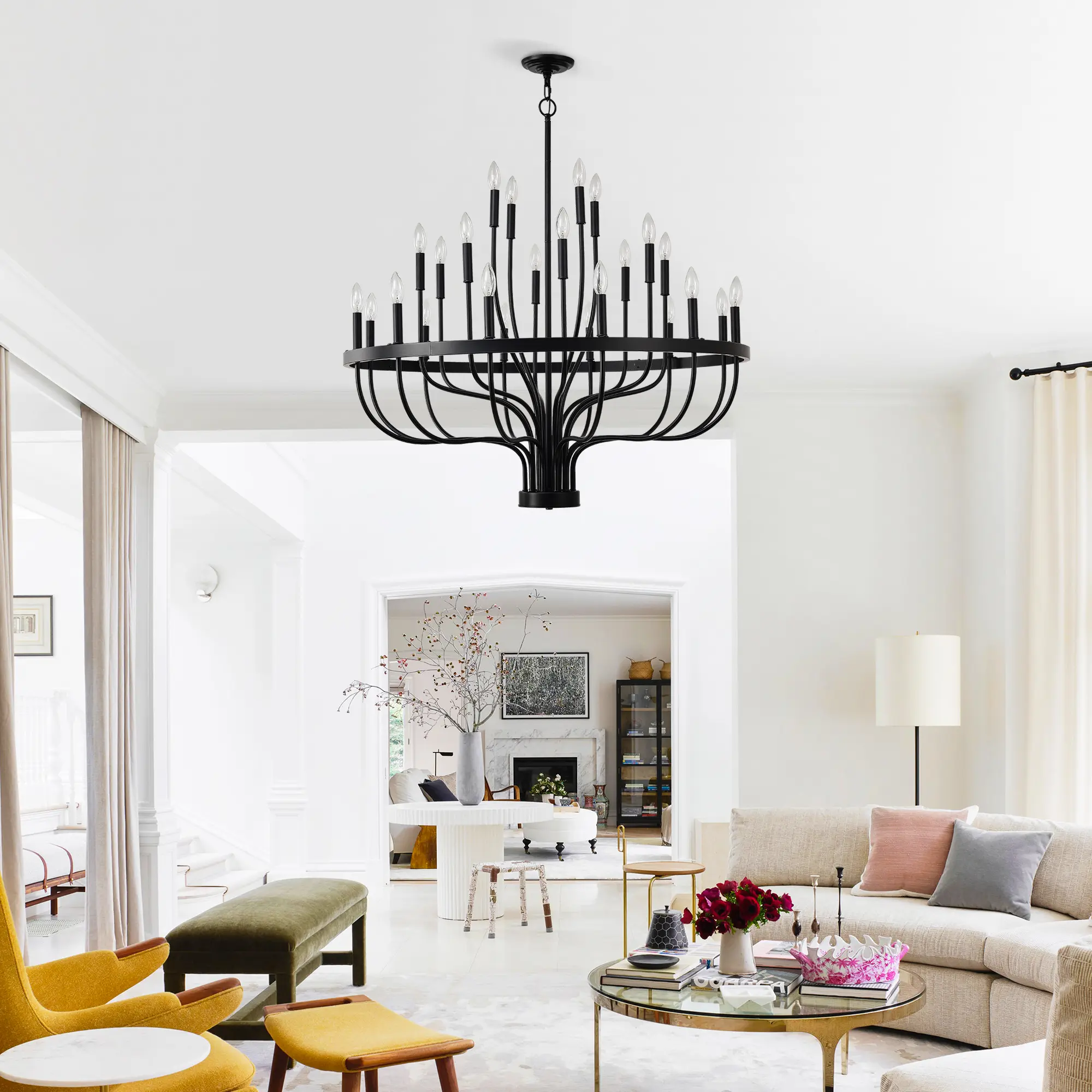 24-Light Black Chandelier Industrial Iron Candle Chandelier Modern Suspended Farmhouse Chandeliers Pendant Light Fixtures For Dining Room Bedroom Living Room Ki