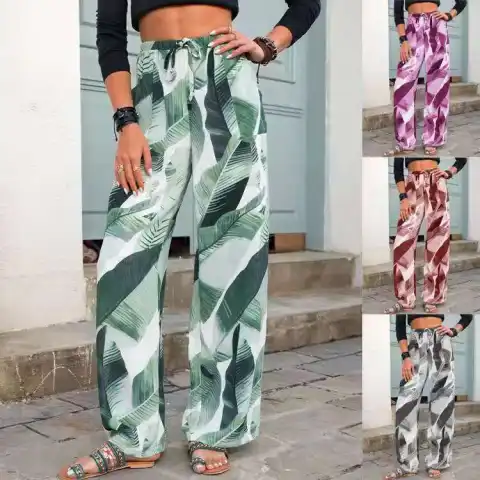 Fashion Drawstring Leaf Print Beach Pants Summer Casual Loose