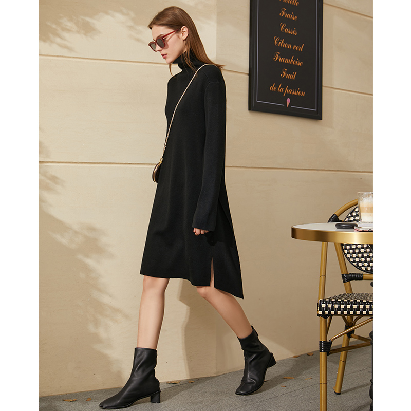 New High Neck Loose Knit Sweater Dress Autumn And Winter Black - Shop at LoveMi