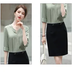 Women's Long-sleeved Shirt Solid Color Professional Butter Green - Green Shirt And Black Skirt - View 1