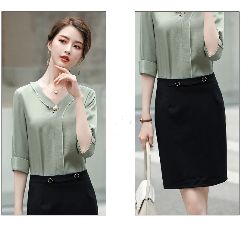 Women's Long-sleeved Shirt Solid Color Professional Butter Green - Green Shirt And Black Skirt