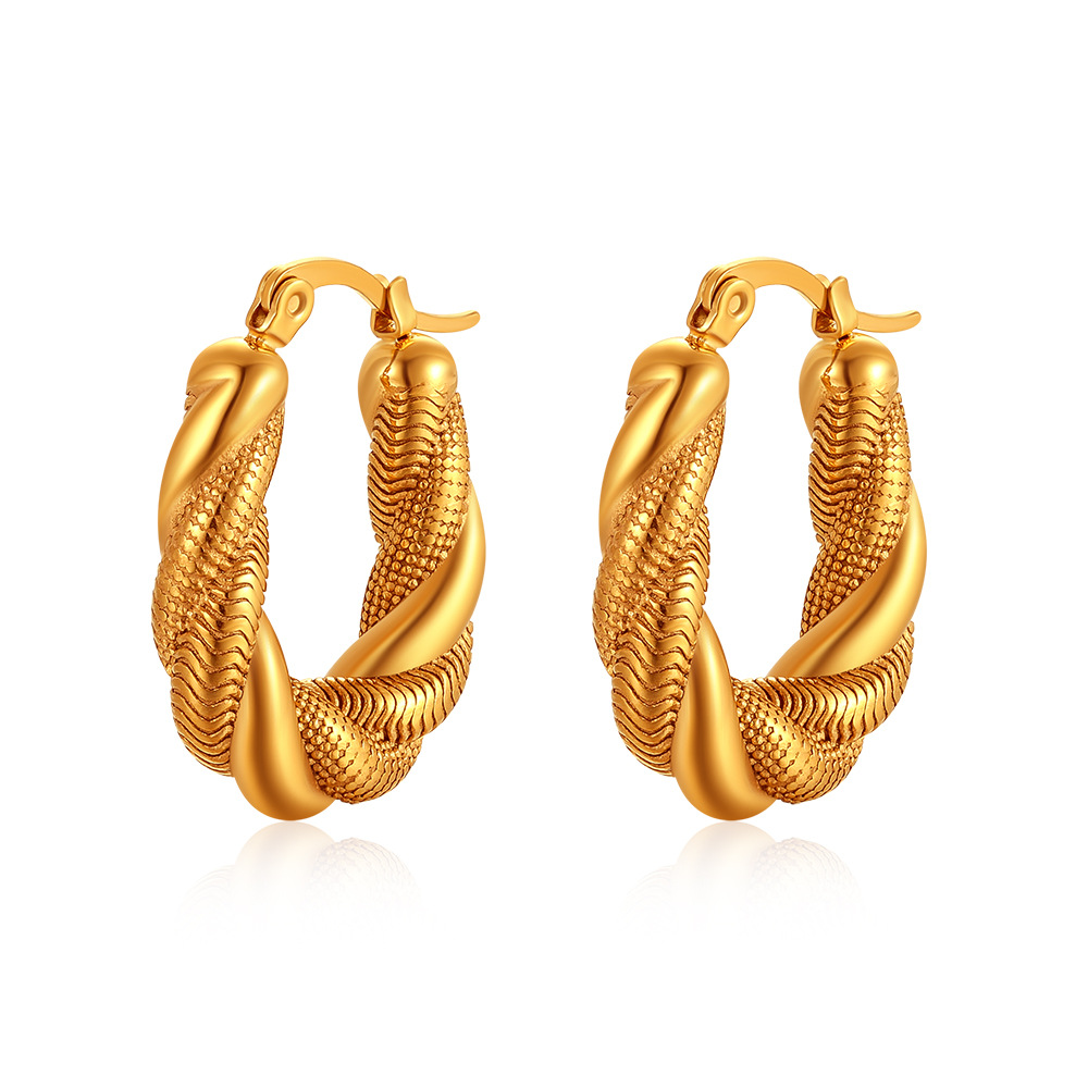 18K Gold-plated Stainless Steel Fried Dough Twist Ring Earrings