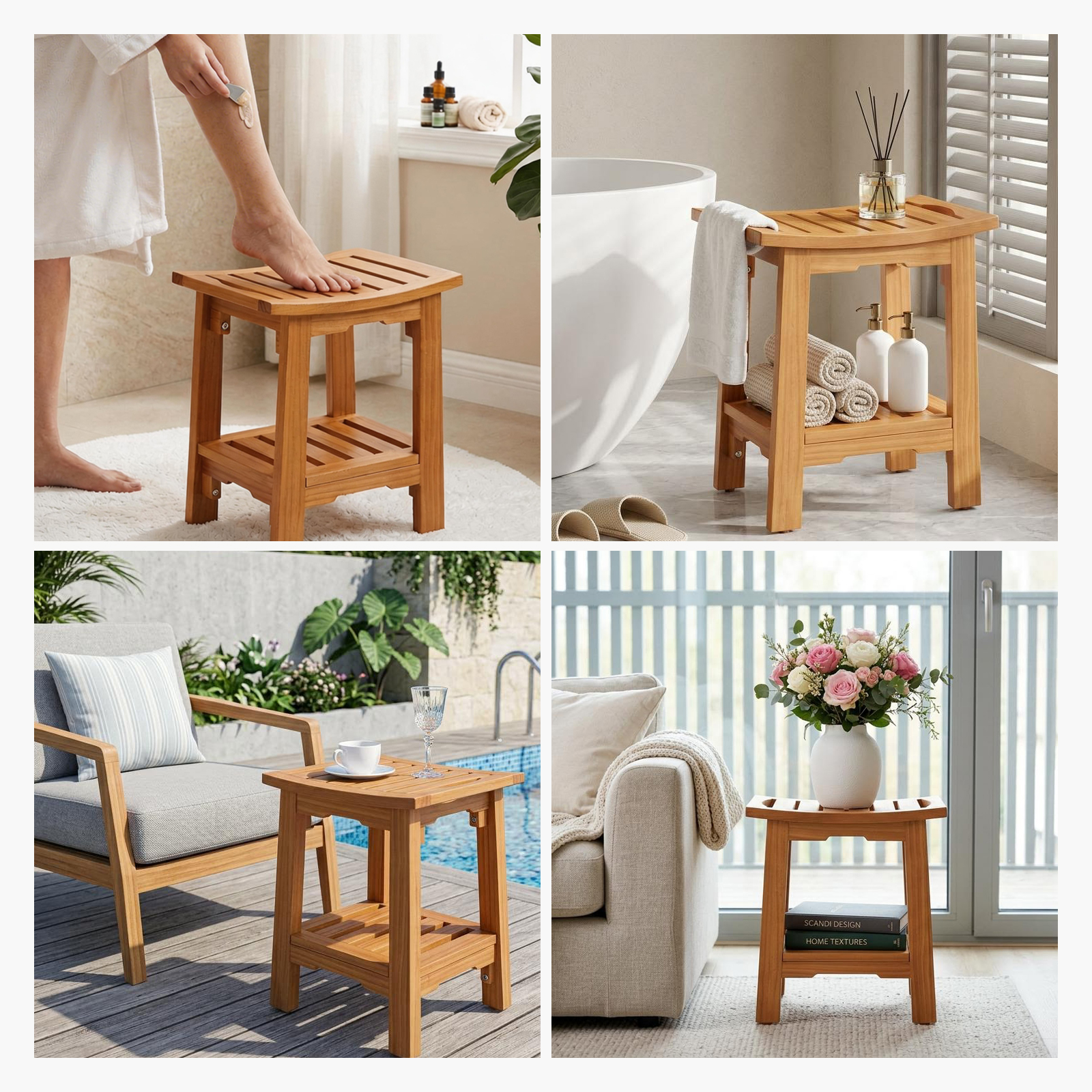 18-inch Solid Wood Bathroom Stool, Featuring A Wooden Seat Suitable For Use In The Shower And Vanity Area