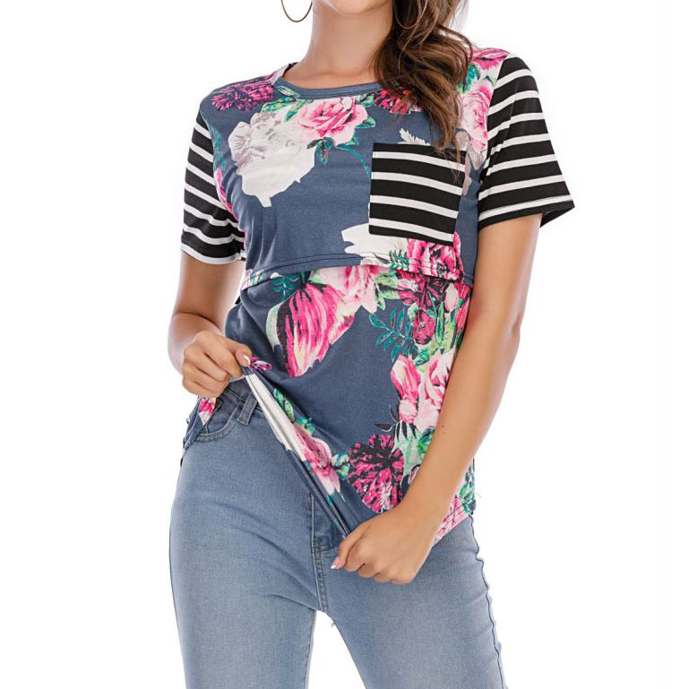 Multifunctional Striped Print Stitching Short-sleeved Nursing Clothes