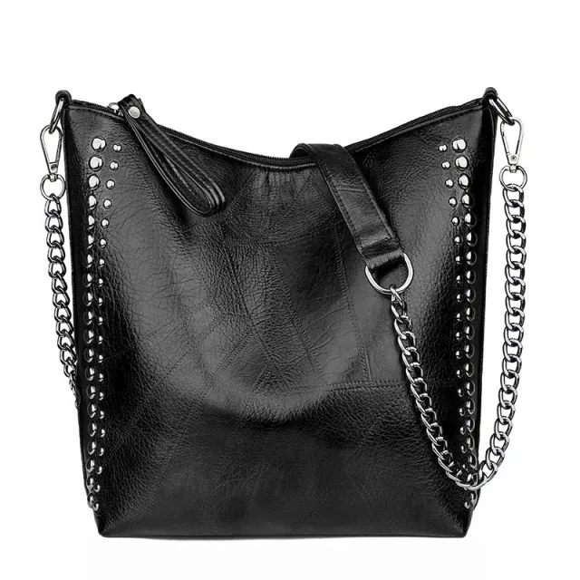 Soft Leather Studded Large Capacity Shoulder Crossbody Bag Black - Shop at LoveMi