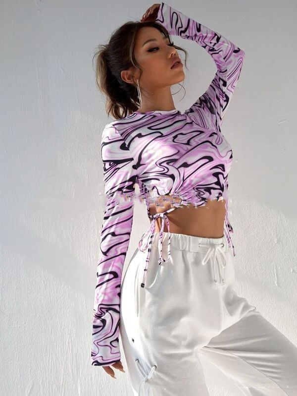 Title 3, Abstract Printed Slim Cropped Long-sleeved Top