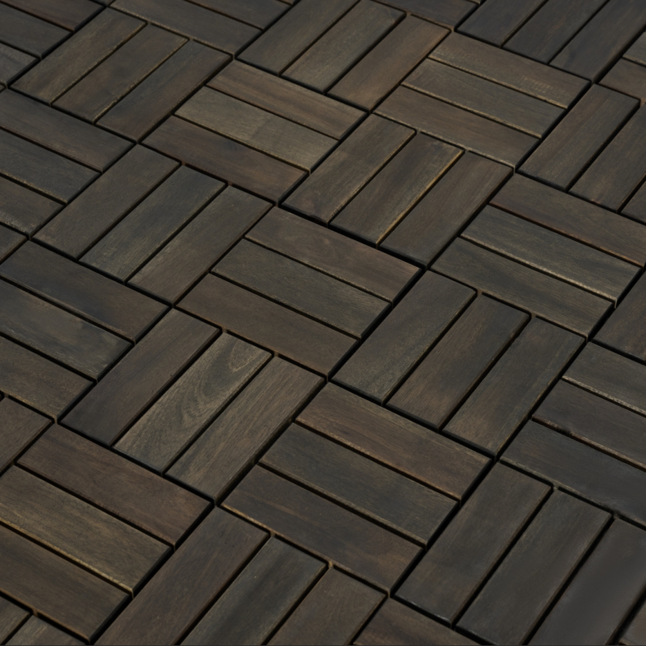 Acacia Wood Interlocking Deck Tiles Checker Pattern, 30 PCS 12inch X 12inch Dark Brown Square Acacia Hardwood Outdoor Flooring For Patio, Bancony, Pool Side
