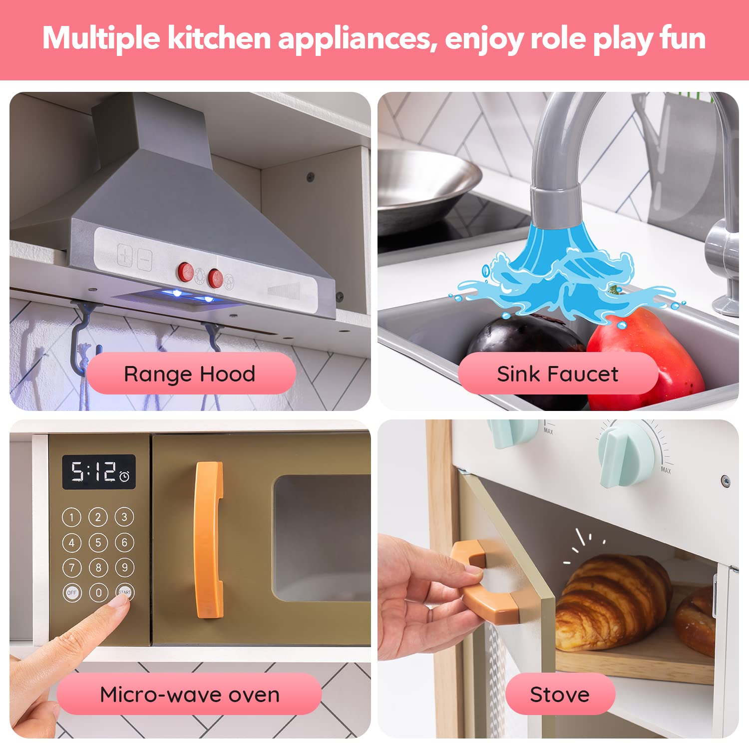 3D Wooden Play Kitchen Set for Toddlers. Material:Wood Size:27.6 x 11.6 x 40.6 inches Color:White Style:Modern Brand:ROBOTIME Product Dimensions:27.6 x 11.6 x 40.6 inches Item Weight:24 pounds Country of Origin:China About this item ️100%WARRANTY SERVICE️