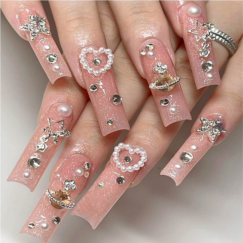 24 PCS Planet Diamond Star Nail Art, Long Length Long Water Pipe Fake Nails,Square Head Nail Tips False Nail