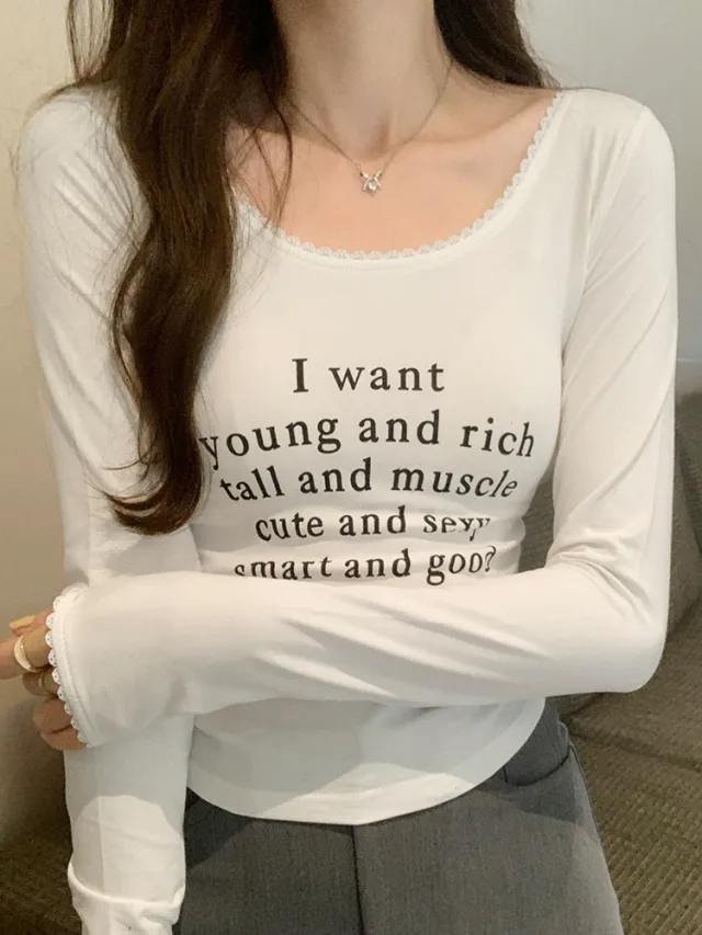 Women's Tight Lace Letter Printed Long sleeved T shirt White - Shop at LoveMi