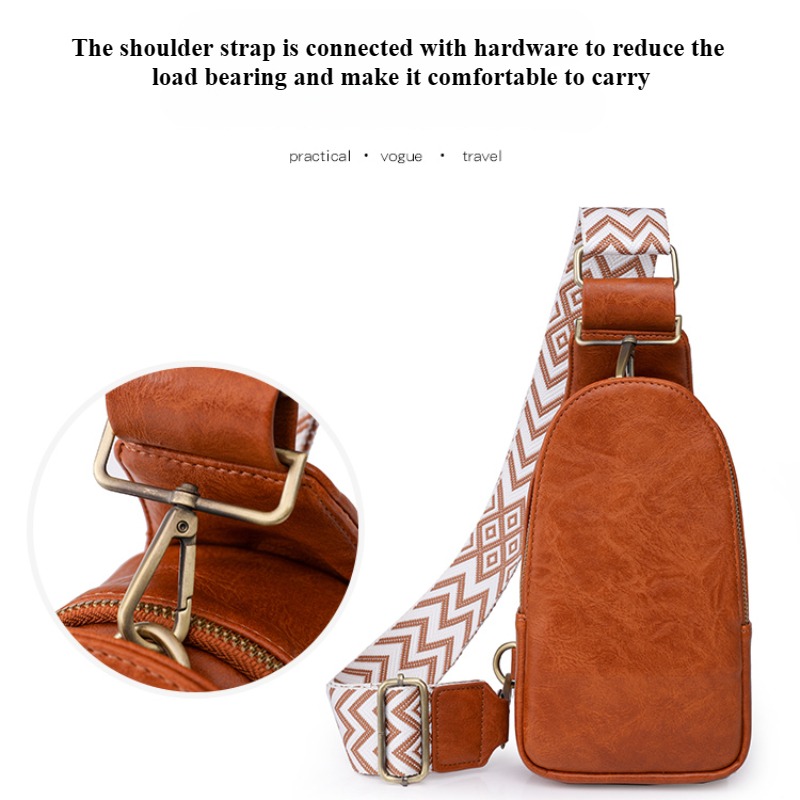 Women Chest Bag Sling Bag, Guitar Strap Small Crossbody Pu Leather Satchel Daypack
