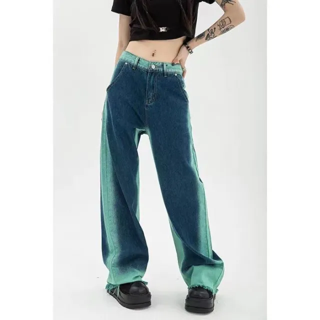 High Waist Loose Straight Contrast Jeans Blue - Shop at LoveMi