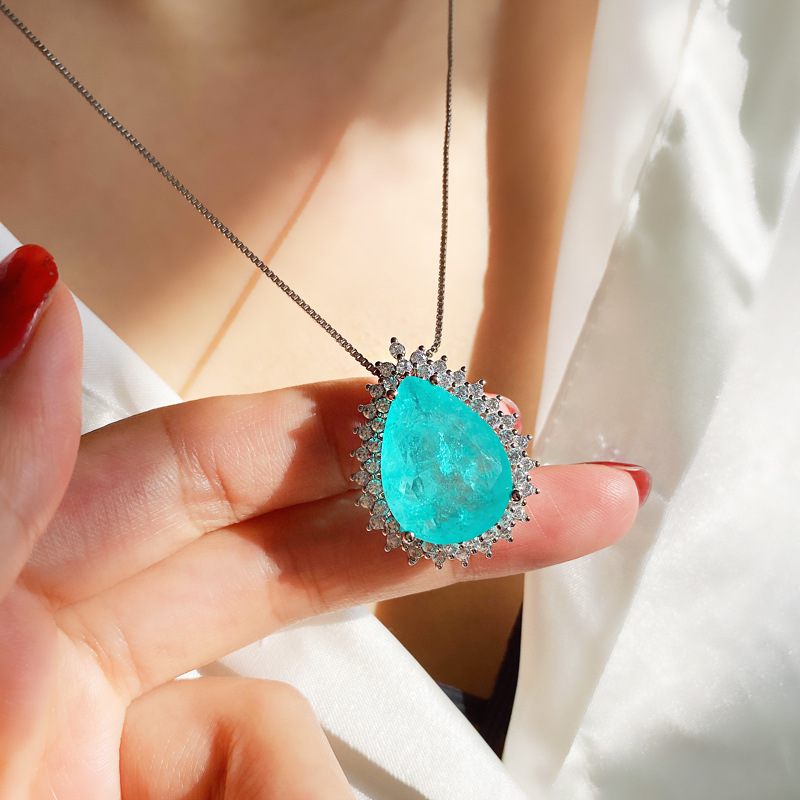 Light Luxury Water Drop Pendant Necklace For Women, Paraiba Tone Simulated Zirconia Clavicle Chain Full Pave Rhinestone Thin Chain Fashion Neck Jewelry — view 3