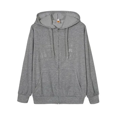 Hoodie Round Neck Loose Letter Rhinestone Zipper Light Grey - Shop at LoveMi