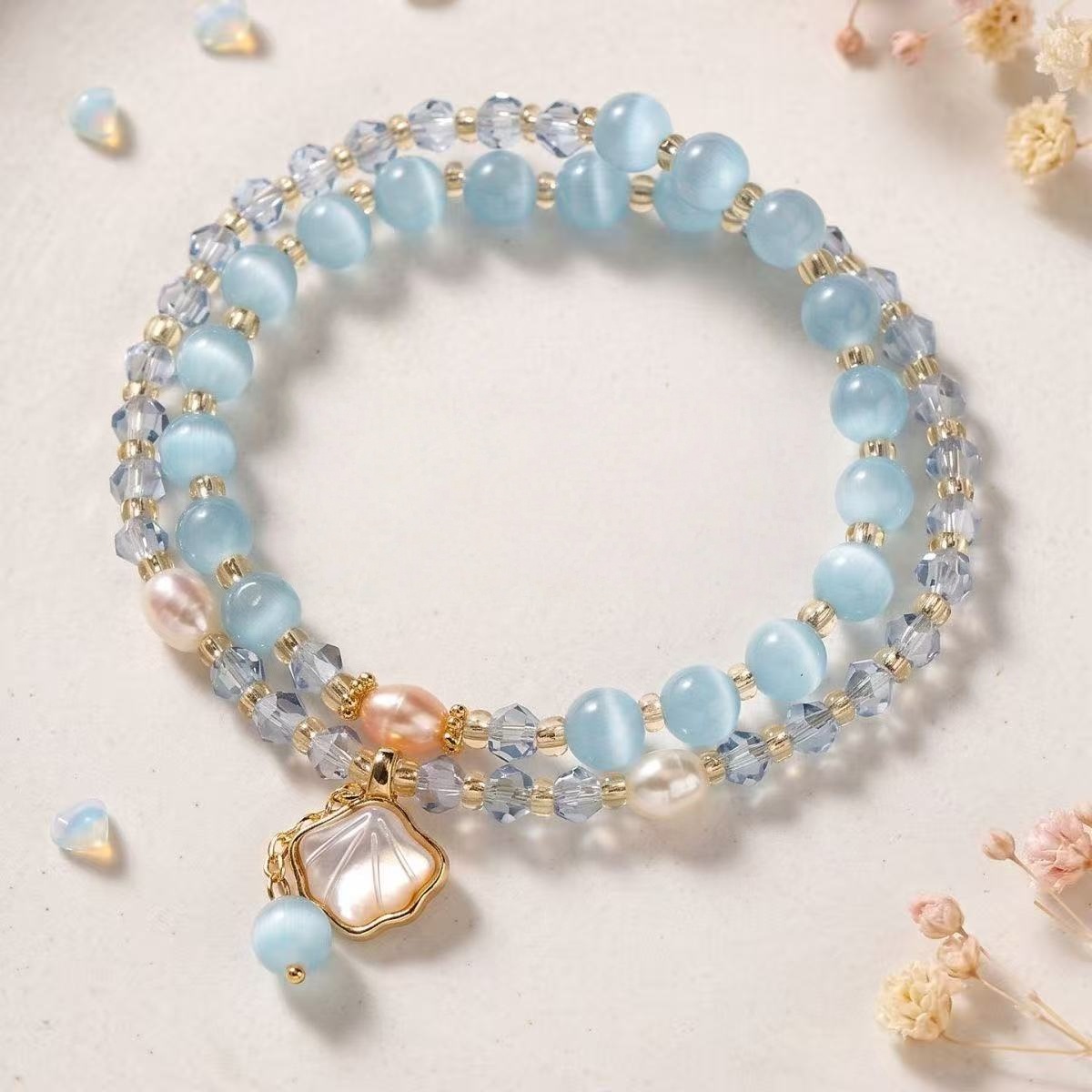 Brățară naturală pentru ochi de pisică Aquamarine Shell Pendant Double Layer Crystal Chain Ocean Style Jewelry For Women