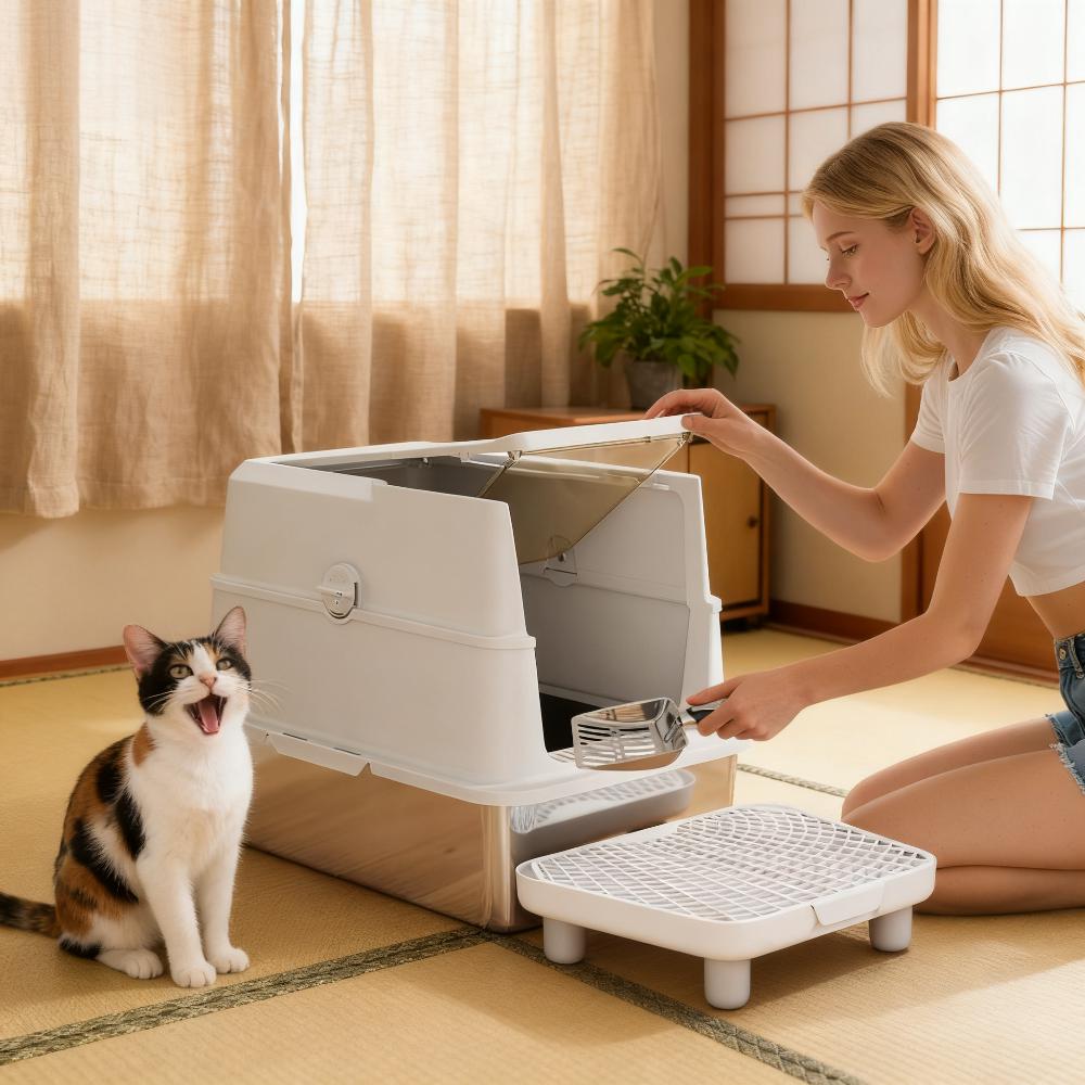 Cat Stainless Steel Cat Litter Box For Big Cats With Flip Cover - imagen 1