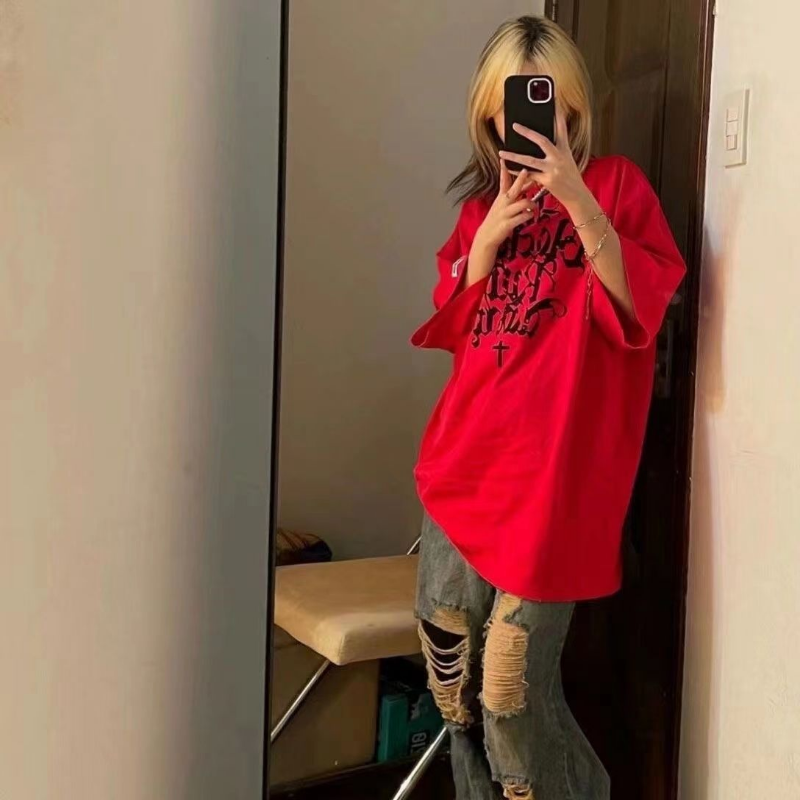 Tide Niche High Street Red Short Sleeve Women Loose