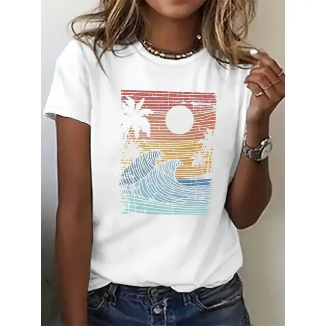 Women's Ocean Wave & Palm Tree Print T Shirt Casual Spring Summer Graphic Tee White - Shop at LoveMi