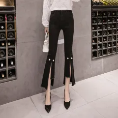 Slit Cropped Micro-flare Jeans Women Slim Slim Straight-leg Pants Trousers - Black - View 1