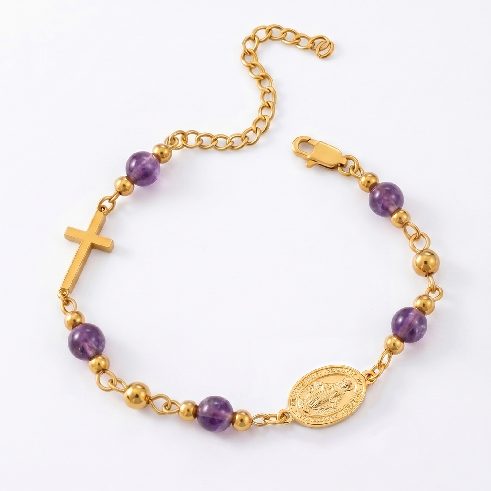 Bracelet Chaîne Plaqué Or 18K, Vierge Marie & Pierres Naturelles