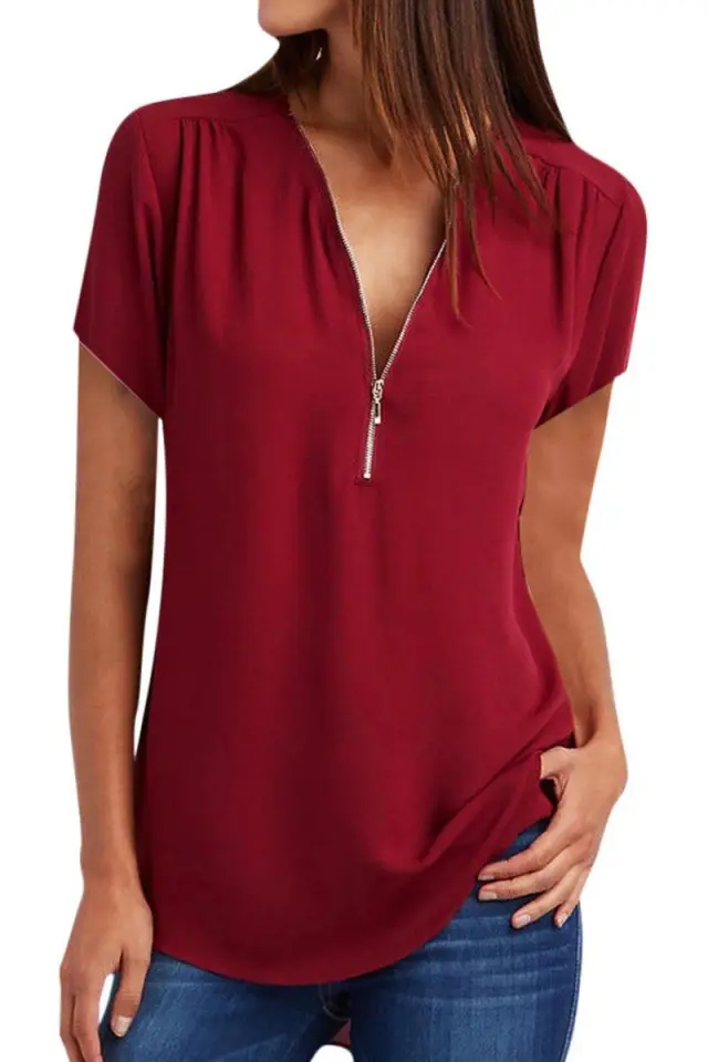 V neck Zipper Short sleeved Chiffon Shirt Wine Red - Shop at LoveMi