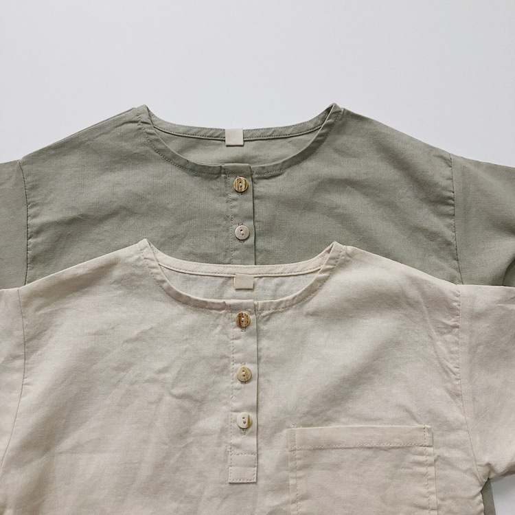 Retro Cool Breathable Children Ramie Round Neck Loose-fitting T-shirt Top