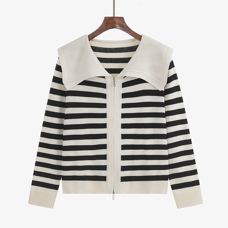 Title 11, Sailor Collar Striped Long-sleeved Knitted Card...