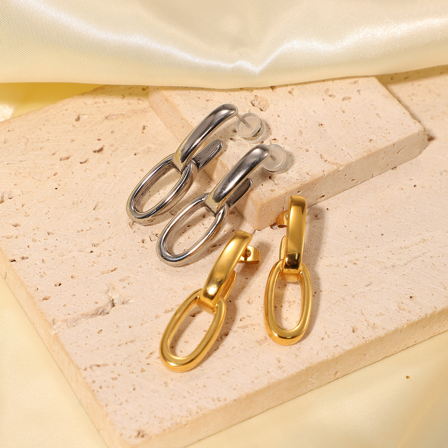 European And American Popular 18K Gold-plated Plain Double Geometric Stainless Steel Earrings