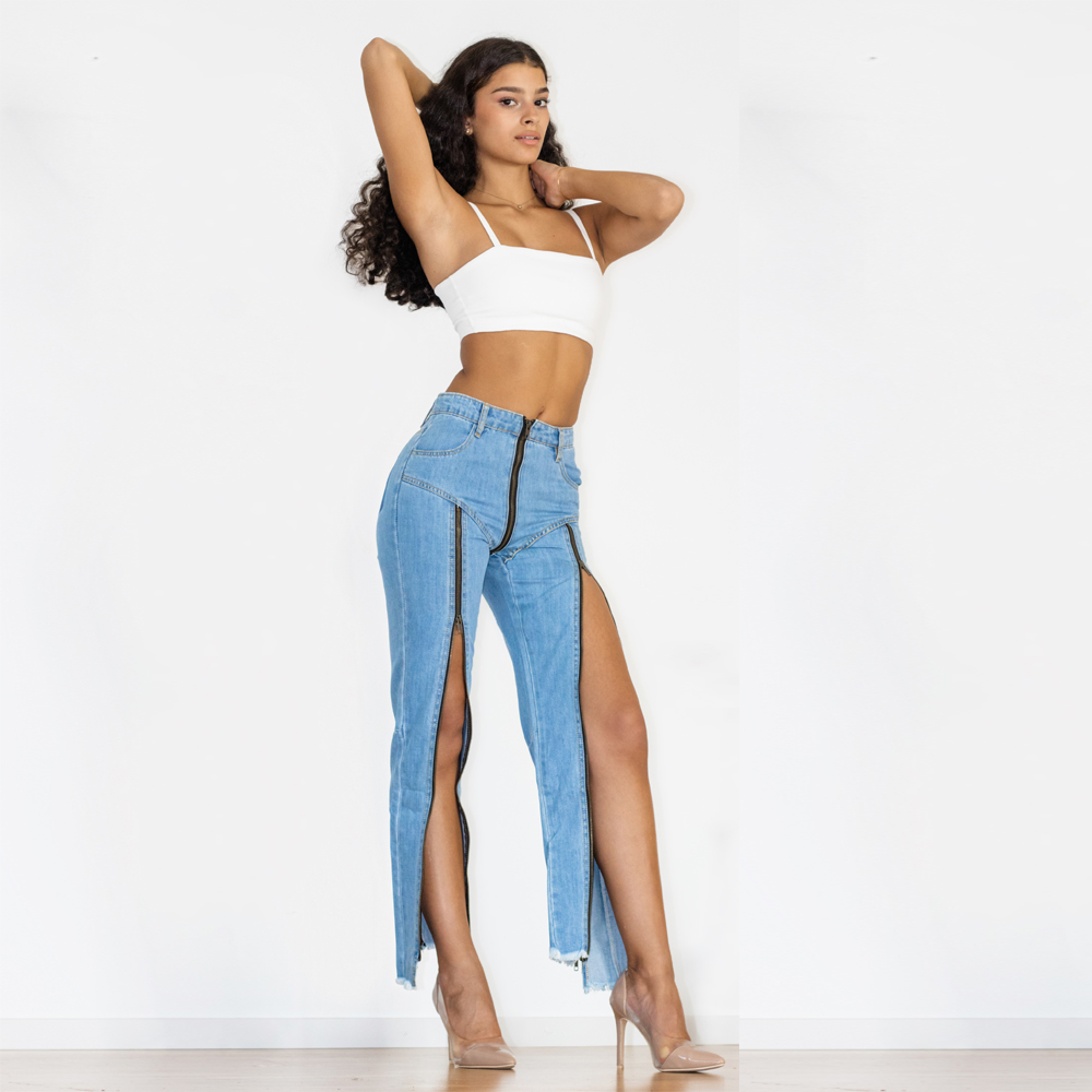 BEYONDARY Women's Light Blue Split Straight Jeans – Slim Fit Zipper Denim Pants for Club & Dance