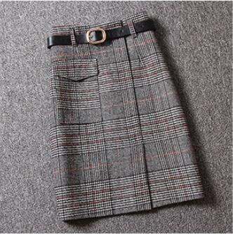 Woolen Plaid Women's Mid-length High Waist Slit One-step Hip Skirt
