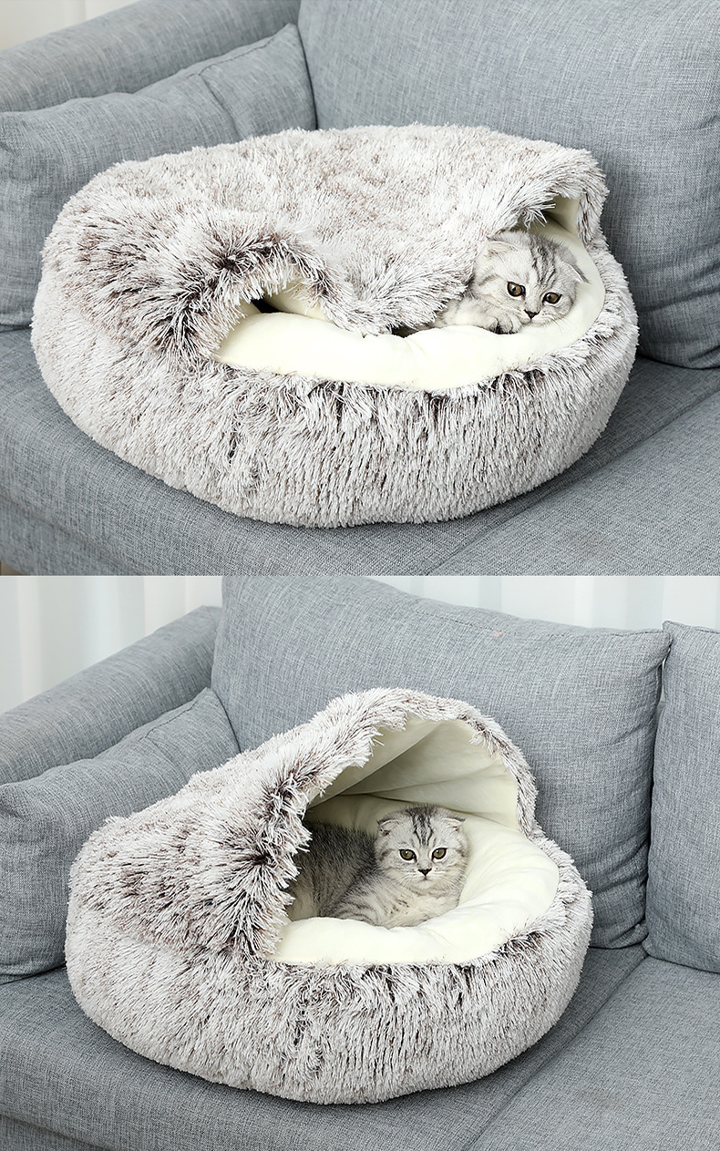 Long-haired Plush Warm Semi-enclosed Windproof Shell Cat Beds, Winter Pet Beds, Small And Medium-sized Dog And Cat Beds, Pet Supplies 3