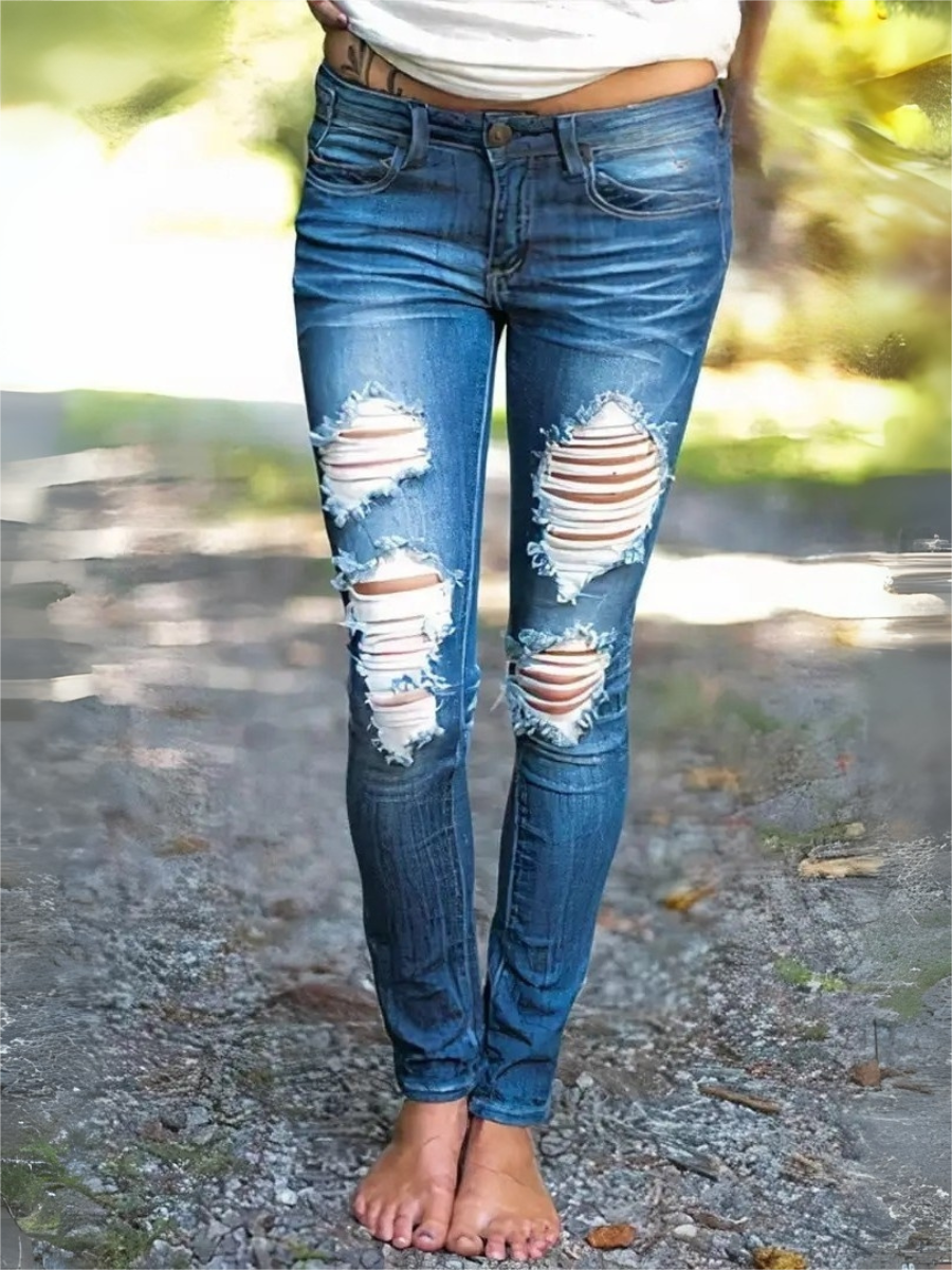 Women Light Blue Ripped Skinny Jeans High Waist Distressed Denim Pants Stretch Casual Streetwear Jeans Wholesale Ready Stock