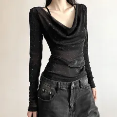 Women's Sparkly Mesh Top - Long Sleeve See Through Sexy Blouse For Party & Club - Black - View 1