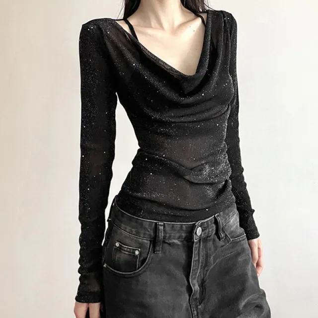 Women's Sparkly Mesh Top Long Sleeve See Through Sexy Blouse For Party & Club Black - Shop at LoveMi