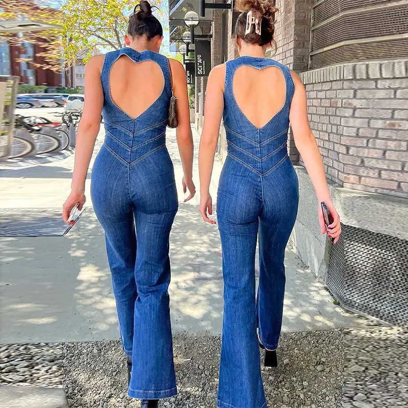 Summer Slim Heart-shape Backless Denim Jumpsuit Women Halter Neck