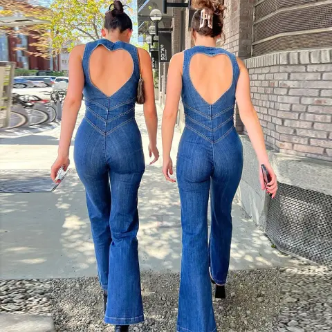Summer Slim Heart-shape Backless Denim Jumpsuit Women Halter Neck