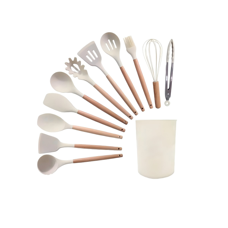 Kitchen Utensil Set 12 PCS Silicone Cooking Tools With Wooden Handle, Cooking Utensils Set Heat Resistant & Non-Scratch For Nonstick Pans, Utensil Set Includes Spatula, Spoon & Tongs, Kitchen Accessor