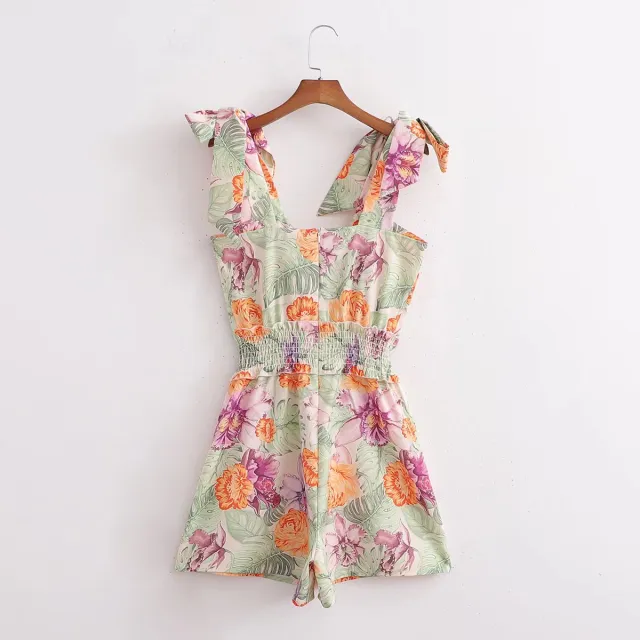 Two shoulder Lace up Cutout Printed Suspender Jumpsuit Shorts Yellow Green - Shop at LoveMi